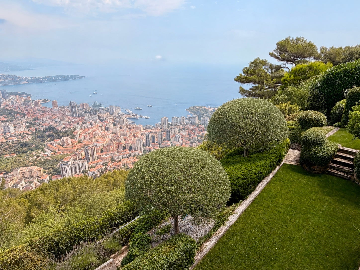 Jardin méditerranéen en terrasses surplombant la côte, encadré de pins parasols